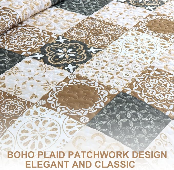 Dobuyly Patchwork Quilt Set Full Size, Boho Farmhouse Bedspread Brown | Dobuyly - Image 8