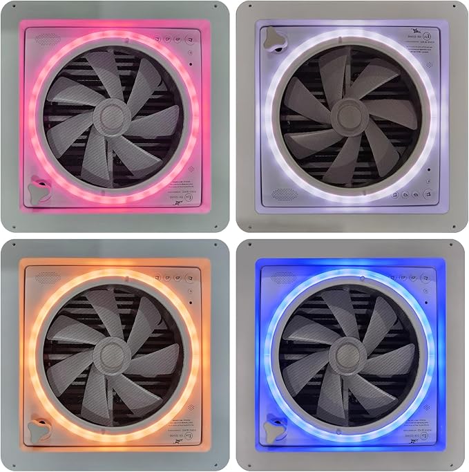 2012 14" RV Roof Vent Fan with Voice Control & 4-Color LED Light, Air Max Ultra Quiet 12V - 24V Smart Reversible Exhaust Fan with Remote and Rain Sensor for Camper, Trailer, Van, Motorhome Ventilation