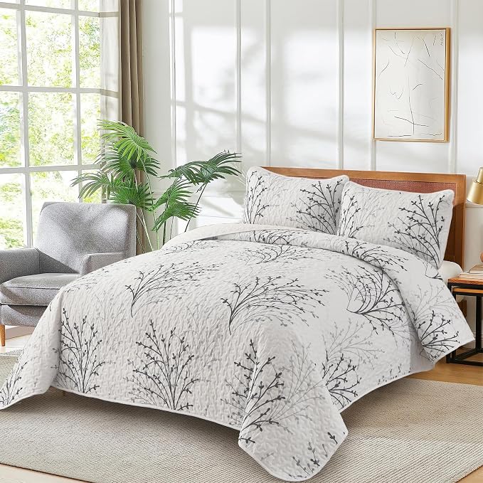 DJY White Quilt Set Queen Size Branch Botanical Bedspread Coverlet Set | 3 - Image 2