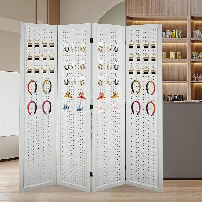 4 Panel Pegboard Room Divider | White Wood Folding Privacy Screen - Image 3