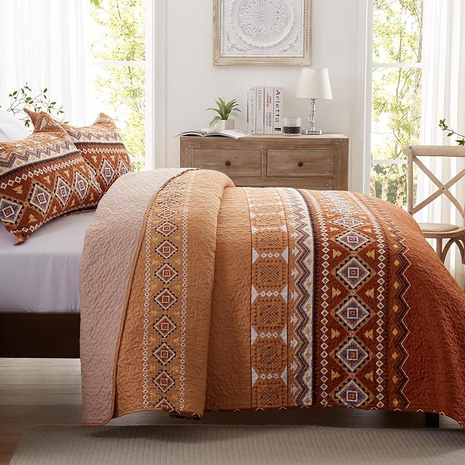 3 Pieces Quilt Set King Size Bedspread Burnt Orange/Rust Coverlet Lightweight - Image 3