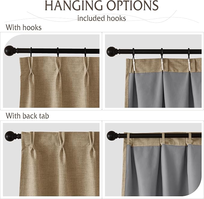 RYB HOME Pinch Pleated Back Tab Curtains Linen Textured 100% Blackout Curtains - Image 4