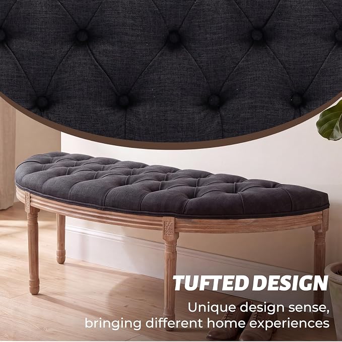 chairus 55" Button Tufted Semi-Circle Dining Bench Linen Halfmoon Entryway - Image 4