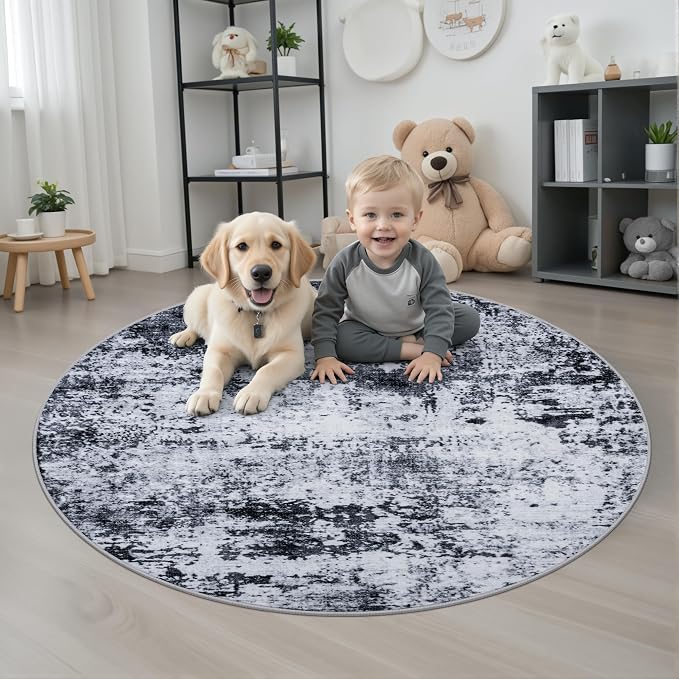 Round Area Rug Living Room: 4 ft Modern Washable Carpet Black | - Image 2