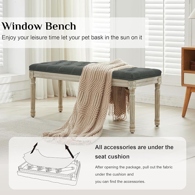 LOULENS 43.9" Linen End of Bed Bench, Vintage Bedroom Bench, Dark Grey | French - Image 3