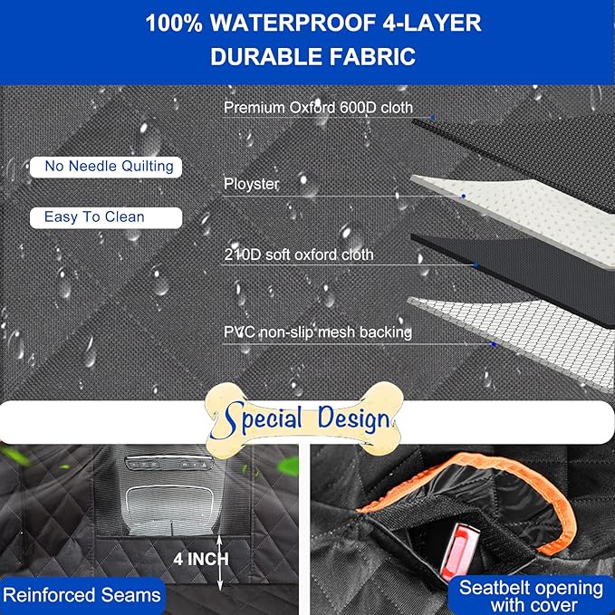 Dog Car Seat Cover for Back Seat 600D Scratchproof Nonslip Durable Waterproof Cars Pet Backseat Covers with Mesh Window Dogs Hammock for Car，SUV, Truck (60" W x 64" L)
