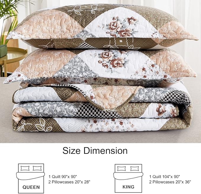 Dinjoy Floral Plaid Patchwork Quilt Set California King Size, Reversible Brown - Image 6