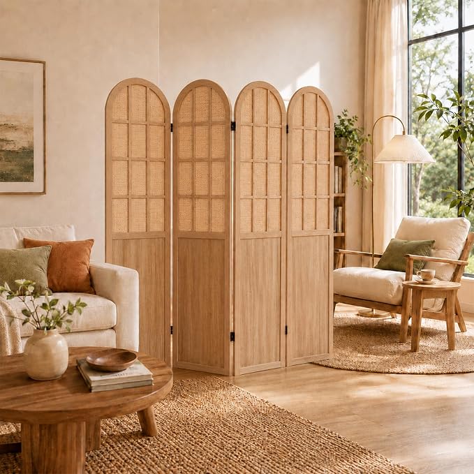 4 Panel Room Divider Privacy Screen Bamboo Wood Light Brown | Folding - Image 8