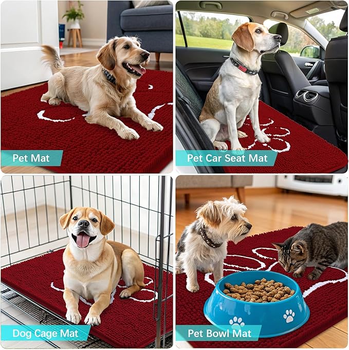 OLANLY Dog Door Mat for Muddy Paws 36x24, Paw Print Design, Absorbs Moisture and Dirt, Absorbent Non-Slip Washable Doormat, Quick Dry Chenille Mud Mat for Dogs, Entry Indoor Entryway Carpet, Red