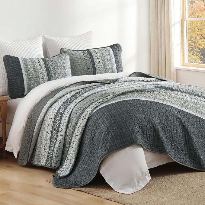 Cottolester Gery Quilt Set Queen, Soft Striped Texture Bedspread Coverlet | - Image 9
