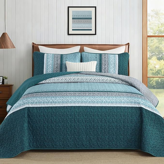 Cottolester Teal Quilt Set King Size, Soft Striped Texture Quilt Set 3 Pcs | by Cottolester