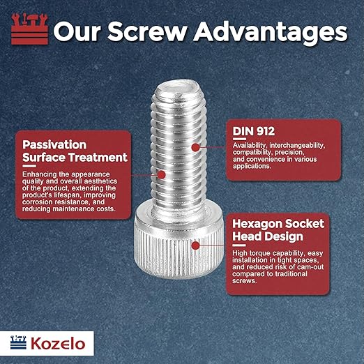 Kozelo 6pcs Socket Head Cap Screws - [M10-1.5 x 25mm] 304 Stainless Steel Allen Socket Drive for Electrical Motor 3D Printing Fan Engine Replacement Use, Silver