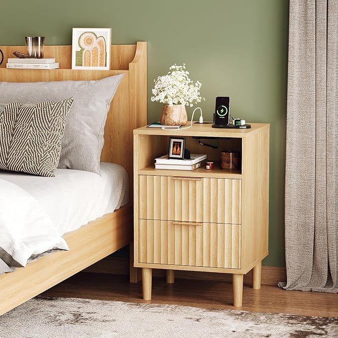 VINGLI Fluted Nightstand with Charging Station, Wood Nightstand with 2 Drawers - Image 9