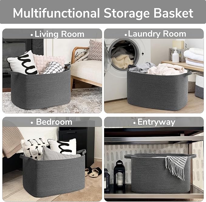 Goodpick 85L Large Woven Rope Blanket Basket, Dark Gray | 23.6'' x 15.7'' x - Image 4