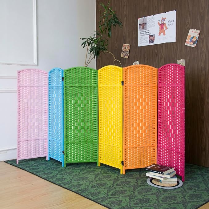 6-Panel Short Room Divider, 3.9 ft Freestanding Partition Wall, Colorful Rattan by Loomveil