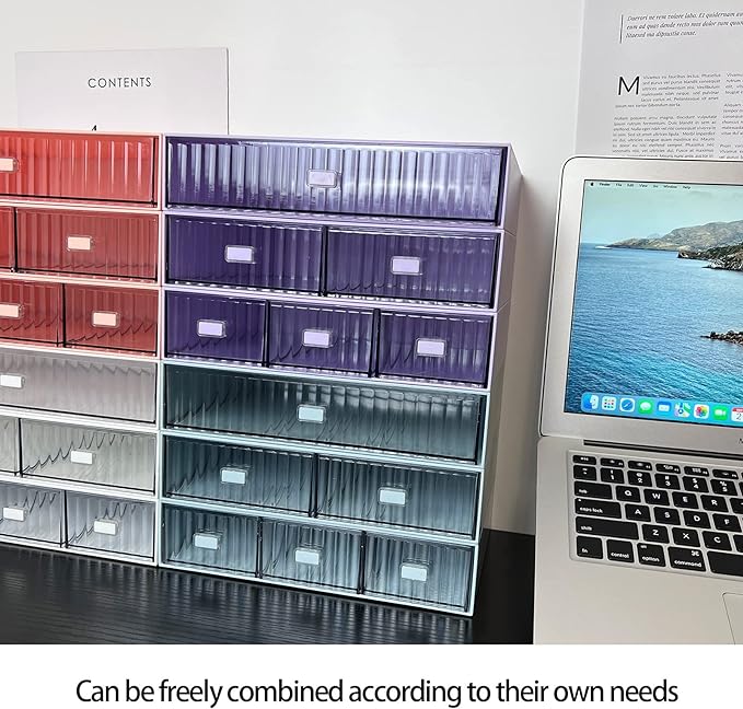 Stackable Office Supplies Drawer Organizer, Plastic Storage Drawer, Desk Grocery Organizer For Stationery (Purple, 3 Compartments)