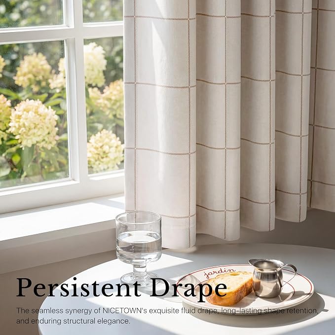 NICETOWN 100% Blackout Taupe Plaid Kitchen Curtains, 2 Panels | Rod Pocket & - Image 5