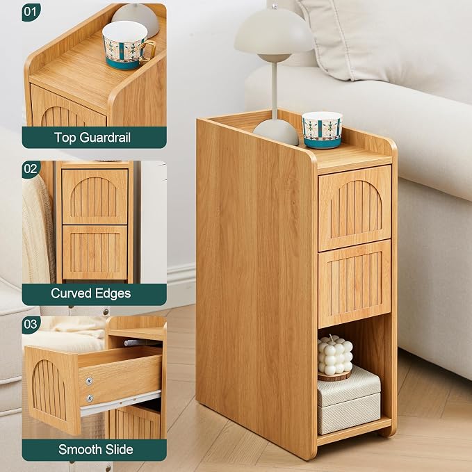 Narrow Nightstand Set of 2, Wooden Small 2 Drawer Nightstand, Slim Side End - Image 9