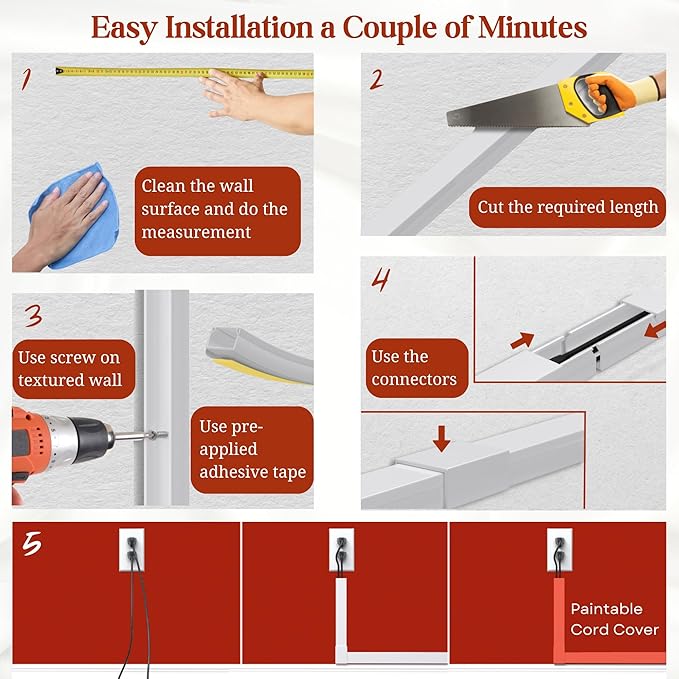 Grey Cable Concealer Wall Kit - 315in Cable Raceway for Extension Cord, Cord Cover Kit for Wall Mounted TV, Gray Wire Management, Decorative Electrical Cable Concealer, Cable Channel, Wire Molding
