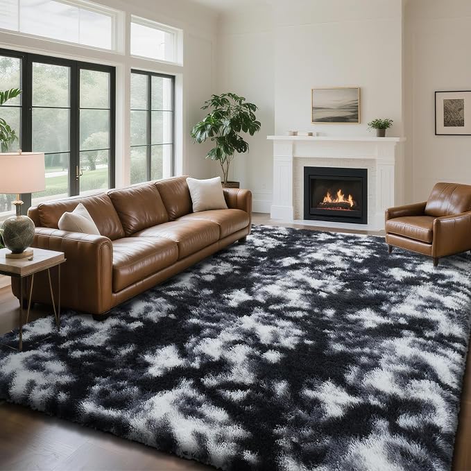 Mottled Black 6x9 Area Rugs for Living Room, Fluffy Shag Rug Large Carpet | by Yongyangjuxi