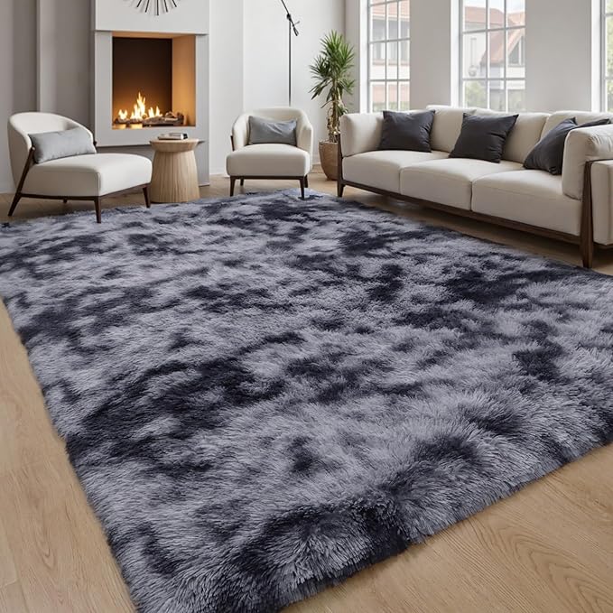 Grey Fluffy 8x10 Area Rug, Tie-Dye Dark Gray Soft Washable Shag Carpet | Cute by KICHOWUA