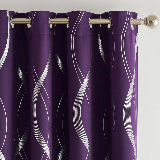 NICETOWN Royal Purple Blackout Curtains 84 inch Long Wave Line Foil Print | - Image 8