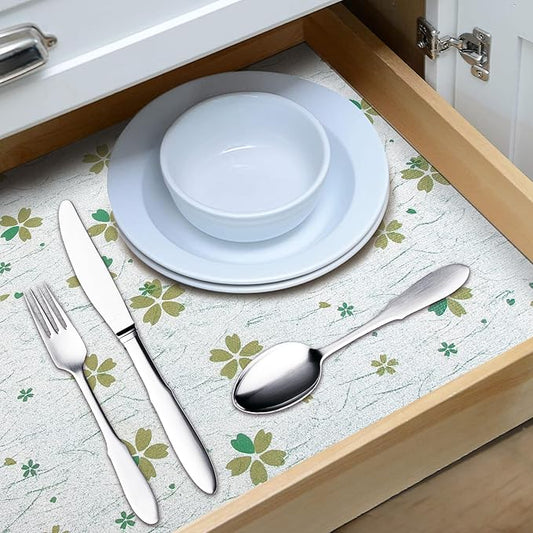 RAY STAR 18X96 Inch Shelf Liner for Kitchen Cabinets, Non-Adhesive Cabinet Liner Washable, PVC Drawer Liner for Dresser Non-Slip Bathroom (Green-Floral)(2 Roll)