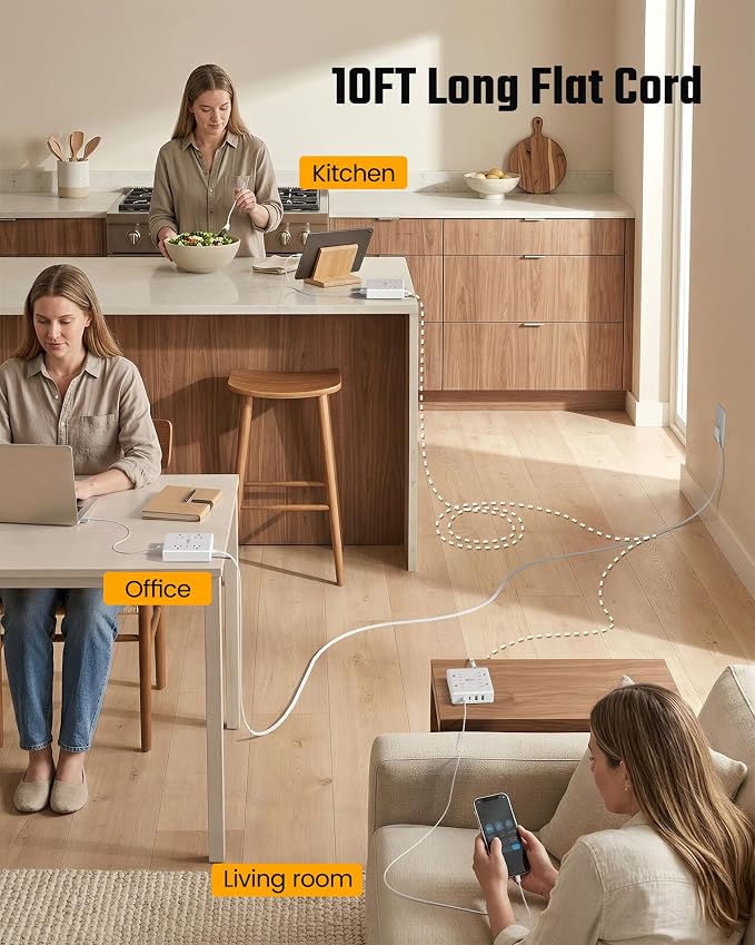 SUPERDANNY 10 Ft Long Extension Cord Flat Plug Power Strip Surge Protector | 4 - Image 3