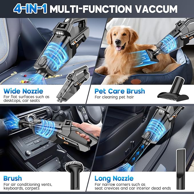 Gxzsk Handheld Vacuum Cordless, 16KPA Powerful Suction Hand Held Vacuum Cleaner Dust Busters Cordless Rechargeable, HD Display & 3 LED Lights, Portable Vacuum for Car, Home, Pet Hair
