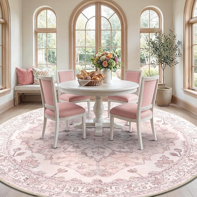 RELEANY Washable Area Rug, Round 8ft, Water Repellent, Pet Friendly, Vintage - Image 3
