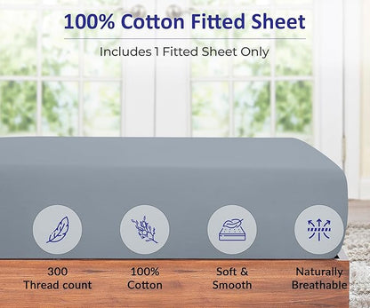 ROYALE LINENS 300 Thread Count 100% Long Staple Combed Cotton Fitted Sheet Queen - Super Soft Deep Pocket Bottom Sheet - Fitted Sheets Only - Elastic Sheets (Queen, Lake Blue)