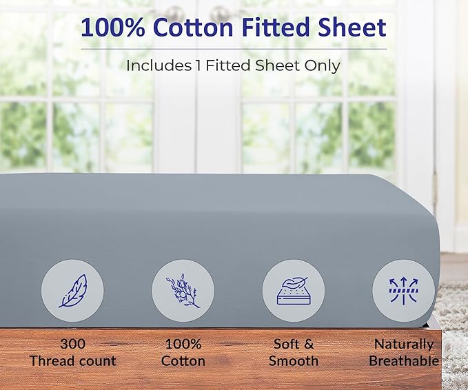 ROYALE LINENS 300 Thread Count 100% Long Staple Combed Cotton Fitted Sheet Twin XL - Super Soft Deep Pocket Bottom Sheet - Fitted Sheets Only - Elastic Sheets (Twin XL, Lake Blue)