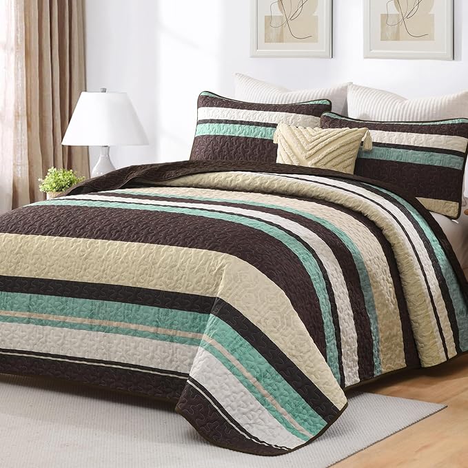 Dobuyly King Size Striped Quilt, Boho Brown Lightweight Bedspread Bedding | by Dobuyly
