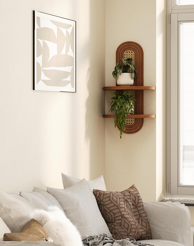 Floating Shelves for Wall, Boho Home Wall Decor, 2-Tier Rattan Plant Shelf - Image 7