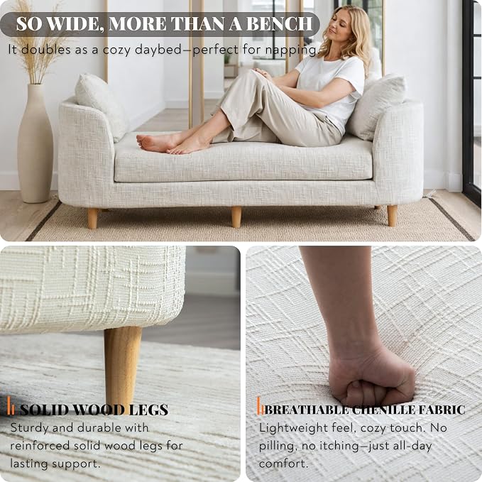 77.2" Oversized Chaise Lounge, Curved Soft End of Bed Bench - Image 4