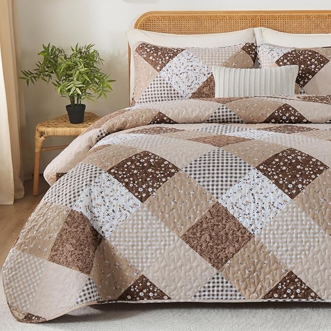 Dinjoy Brown Quilt Set Full Size, Reversible Patchwork Floral Bedspreads | Soft - Image 7