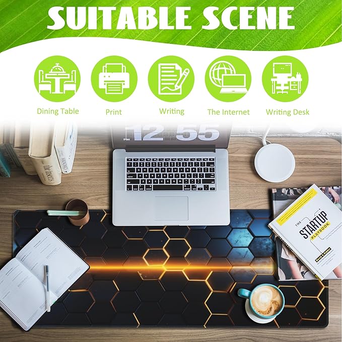 Eflxamz Large Gaming Mouse Pad for Desk,Golden Lines Honeycomb Technology Desk Mat,Honeycomb Technology Desk Pad,Extended Computer Keyboard Mouse Pad with Non-Slip Base and Stitched Edge,31.5"x11.8"