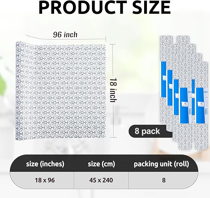 RAY STAR 18X96 Inch Shelf Liner for Kitchen Cabinets, Non-Adhesive Cabinet Liner Washable, PVC Drawer Liner for Dresser Non-Slip Bathroom (Black Floral)(8 Roll)