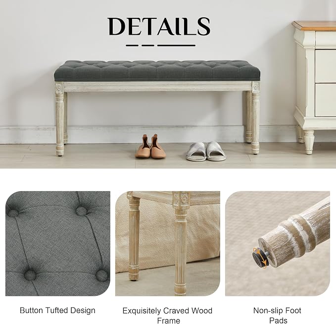 LOULENS 43.9" Linen End of Bed Bench, Vintage Bedroom Bench, Dark Grey | French - Image 5