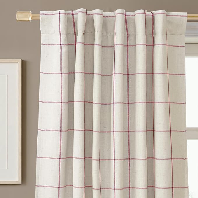 DriftAway 100% Blackout Plaid Linen Curtains 102 Inches Long 2 Panels Red | - Image 9