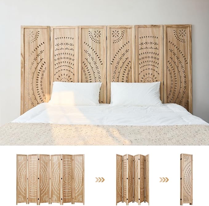 66.9Inch Folding Room Divider, 6 Panels Wood Carved Privacy Screens, Free - Image 3