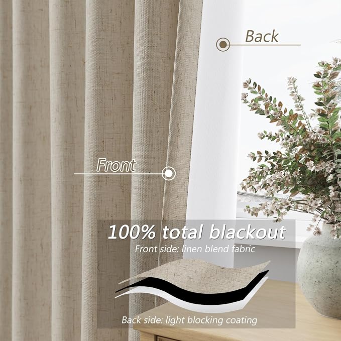 100% Blackout Linen Curtains for Bedroom 90 inches Long, Thermal Insulated Room - Image 4