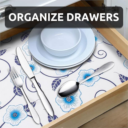 RAY STAR 12X120 Inch Shelf Liner for Kitchen Cabinets, Non-Adhesive Cabinet Liner Washable, PVC Drawer Liner for Dresser Non-Slip Bathroom (Blue Flower)(1 Roll)