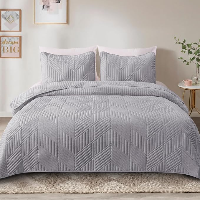 Exclusivo Mezcla Ultrasonic Twin Quilt Bedding Set, Light Grey | Lightweight - Image 2