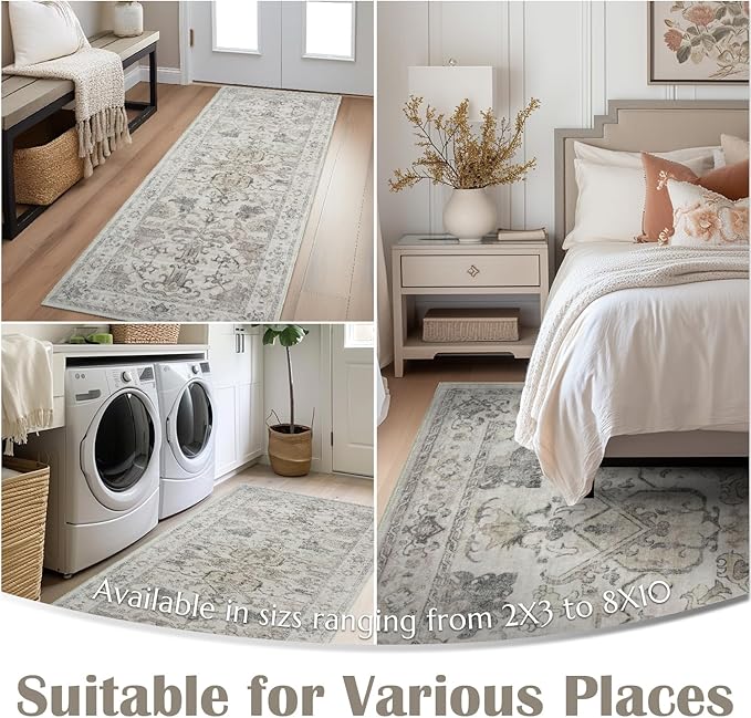 jinchan 5x7 Area Rugs Machine Washable Vintage Floral Throw Rug for Living Room Soft Ultra-Thin Low Pile Non-Slip Carpet for Kitchen, Bedroom, Dining Room, Nursery (5x7ft, Taupe)