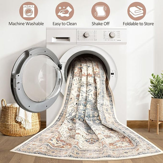 10x13 Area Rug Living Room: Washable Boho Large Neutral Vintage Soft Rugs Stain Resistant Distressed Farmhouse Non-Slip Indoor Floor Carpet for Bedroom Nursery Kids Office Dining Room- Beige Blue