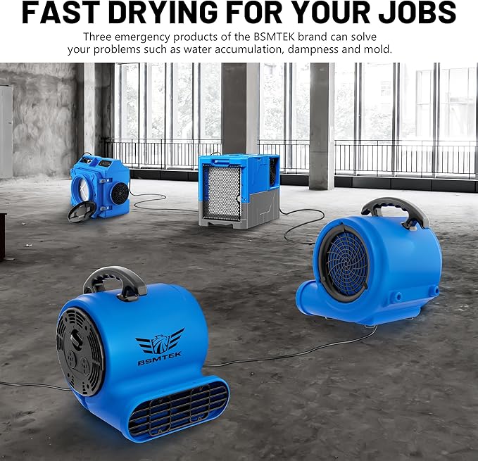 BSMTEK Air Mover Blower Fan, Industrial 1/2HP 2500CFM Monster Floor Blower Carpet Dryers - 3 Speeds, 4 Adjustable Angles, 15FT Long Cord, Stackable - 2026 Upgraded