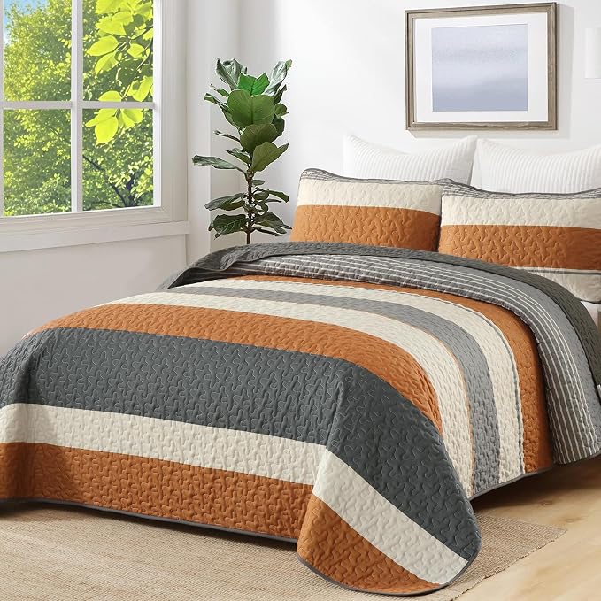 Dinjoy King Boho Striped Quilt Set, Breathable All-Season, 3-Piece Set Fits - Image 2