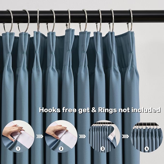 Extra Wide Dusty Blue Pinch Pleated Curtains 100 x 84, Thermal Insulated Noise - Image 2