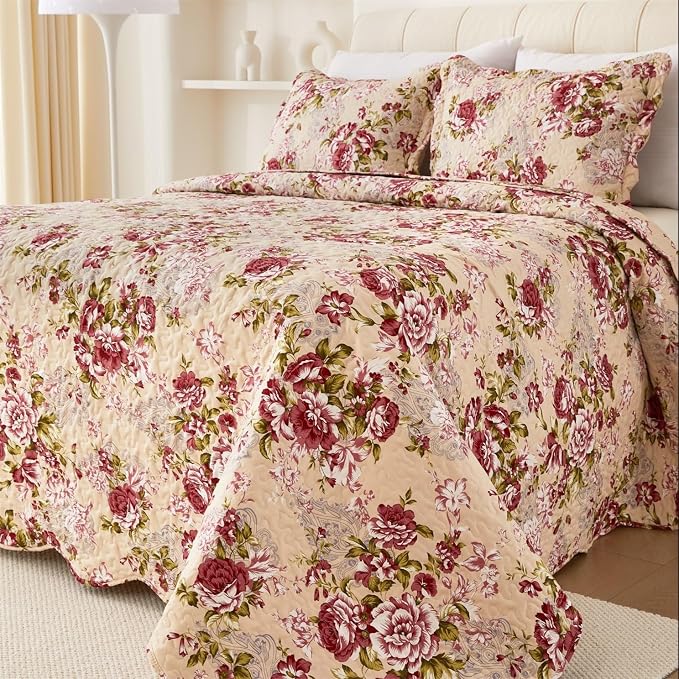 Cmfshape Summer Floral Queen Quilted Bedspread, Romantic Red Quilt Set - Image 3